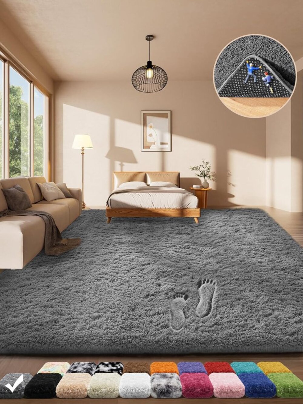 Area Rugs for Living Room Bedroom, Washable Non-Slip Fluffy Soft Grey Shag Carpe